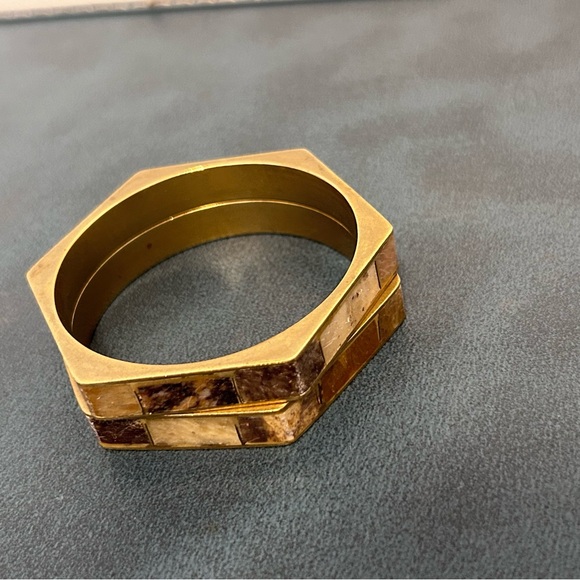 Vintage Brass And Agate Hexagonal Bangle Stacker Cuff Chunky 2 Piece Boho - Picture 4 of 5